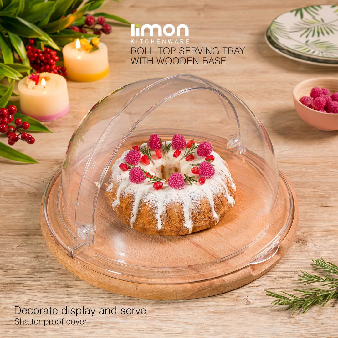 ROLL TOP SERVICING TRAY WITH WOODEN BASE
