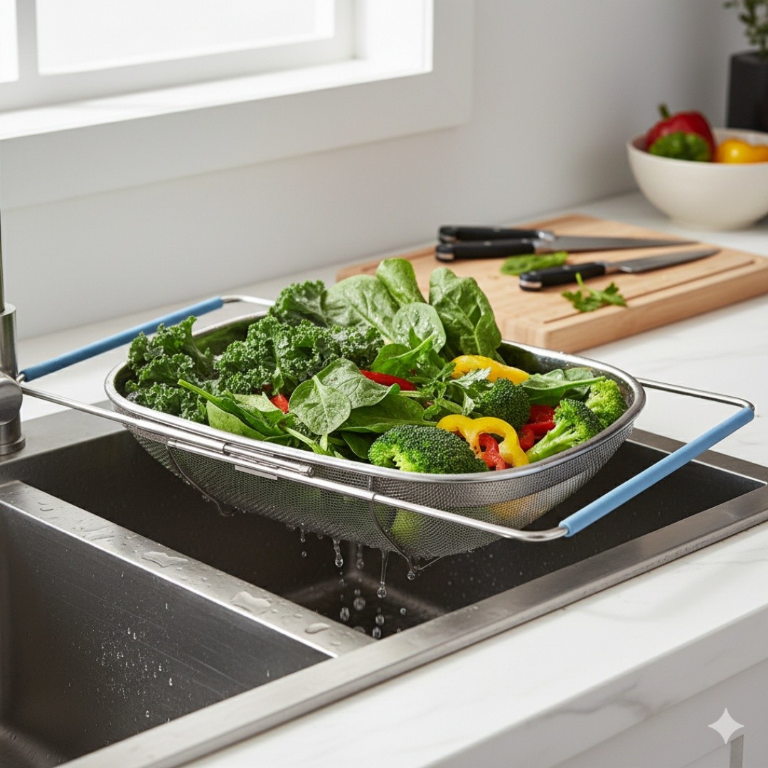 STAINLESS STEEL MESH BASKET WITH FOLDABLE HANDLE