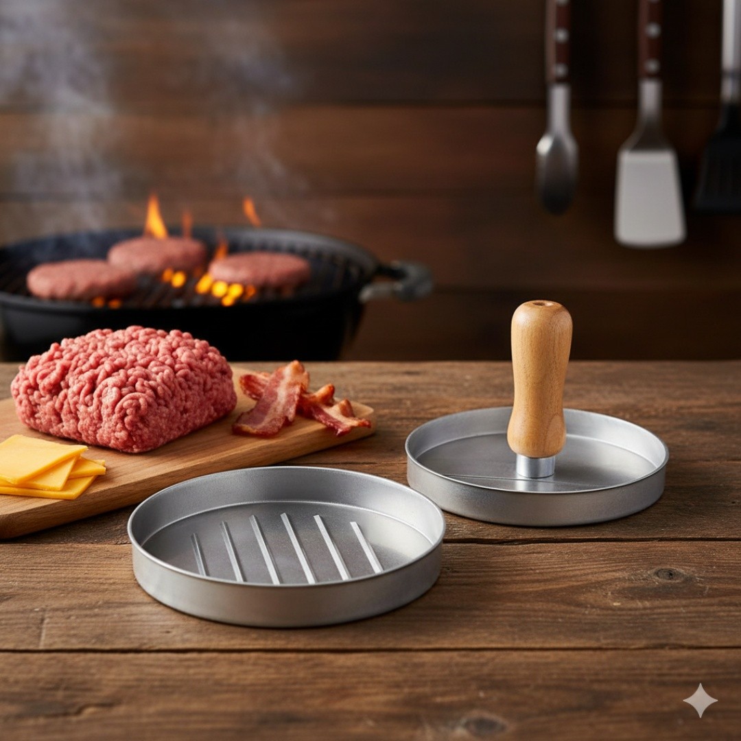 EOTIA HAMBURGER PATTY MAKER PRESS WITH WOODEN HANDLE
