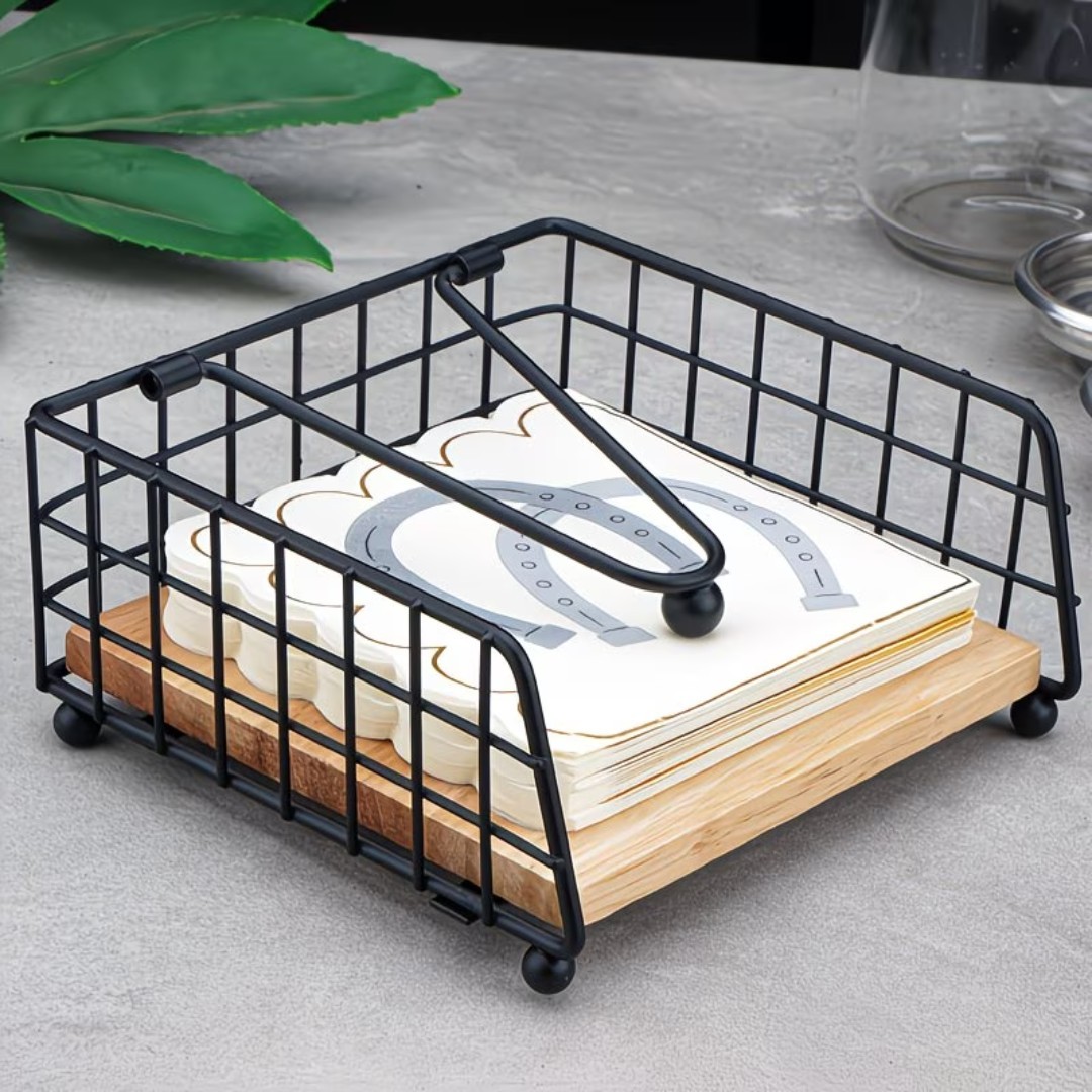 METAL TISSUE HOLDER WITH WOODEN BASE