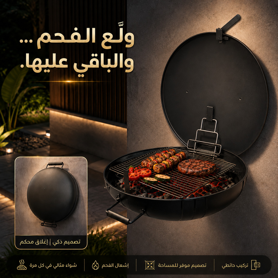 A wall-mounted barbecue grill made of iron, designed for installation on a home garden wall.