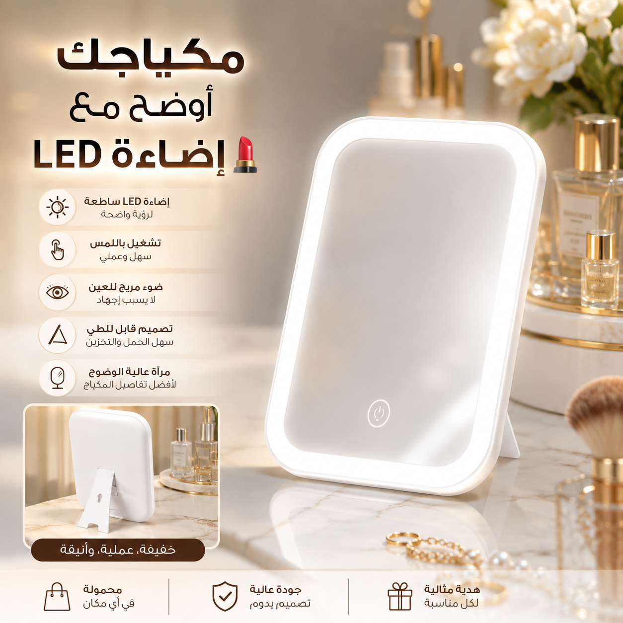 مرآة مكياج بإضاءة LED