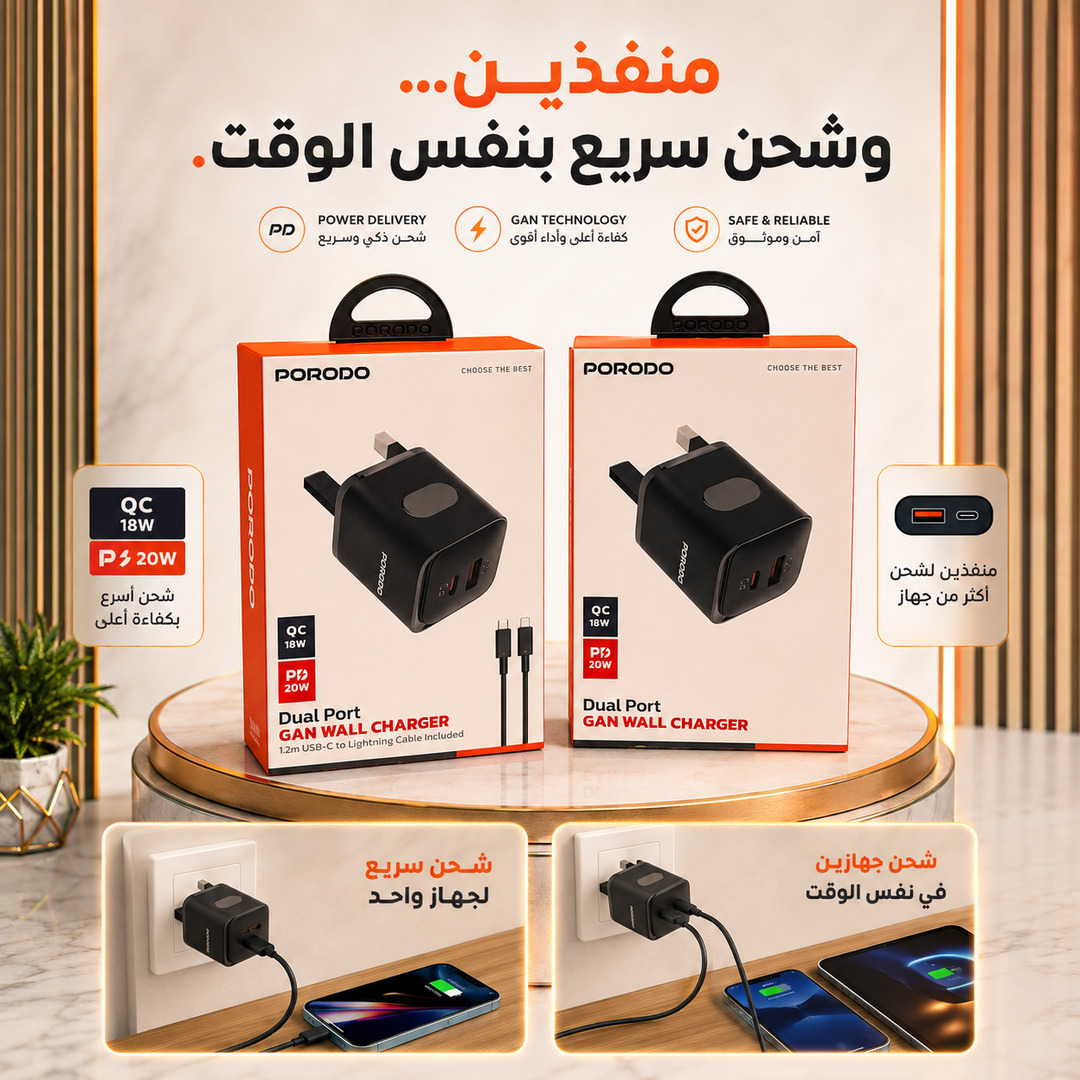 DUAL PORT GAN WALL CHARGER ADAPTER - ADAPTER ONLY/WITH C TO LIGHTING CABLE